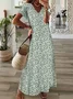 Women Floral Short Sleeve Summer Printing Dress V Neck Daily Casual Maxi T-Shirt Dress X-Line Dress