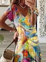 Women Floral Short Sleeve Summer Printing Dress V Neck Daily Casual Maxi T-Shirt Dress X-Line Dress