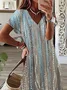 Women Abstract Short Sleeve Summer Dress V Neck Daily Casual Maxi T-Shirt Dress X-Line Dress