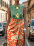 Women Floral Sleeveless Summer Printing Dress Crew Neck Daily Vintage Maxi Shift Dress H-Line Dress