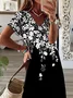 Women Floral Short Sleeve Summer Printing Dress V Neck Daily Casual Maxi T-Shirt Dress X-Line Dress