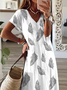 Women Feather Short Sleeve Summer Printing Dress V Neck Daily Casual Maxi T-Shirt Dress X-Line Dress