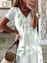 Women Floral Short Sleeve Summer Printing Dress V Neck Daily Casual Maxi T-Shirt Dress X-Line Dress