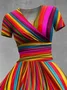 Women Striped Short Sleeve Summer Dress V Neck Daily Vintage Maxi A-Line Dress