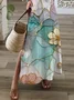 Women Floral Short Sleeve Summer Printing Dress V Neck Daily Casual Maxi T-Shirt Dress X-Line Dress