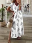 Women Feather Short Sleeve Summer Printing Dress V Neck Daily Casual Maxi T-Shirt Dress X-Line Dress