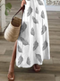 Women Feather Short Sleeve Summer Printing Dress V Neck Daily Casual Maxi T-Shirt Dress X-Line Dress