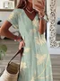 Women Floral Short Sleeve Summer Printing Dress V Neck Daily Casual Maxi T-Shirt Dress X-Line Dress