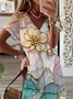 Women Floral Short Sleeve Summer Printing Dress V Neck Daily Casual Maxi T-Shirt Dress X-Line Dress