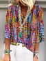 Women Geometric Half Sleeve Blouse Summer Shawl Collar Daily Casual Top