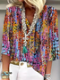 Women Geometric Half Sleeve Blouse Summer Shawl Collar Daily Casual Top