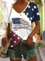 Women America Flag Short Sleeve Tee T-shirt V Neck Casual Summer Top