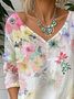 Women Floral Long Sleeve Tee T-shirt V Neck Casual Spring/Fall Top