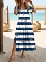 Women Striped Short Sleeve Summer Printing Dress V Neck Daily Casual Maxi X-Line Dress