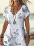 Women Floral Short Sleeve Summer Printing Dress V Neck Daily Casual Maxi X-Line Dress
