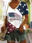 Women America Flag Short Sleeve Tee T-shirt V Neck Casual Summer Top