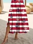 Women Striped Short Sleeve Summer Printing Dress V Neck Daily Casual Maxi X-Line Dress