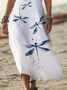 Women Dragonfly Short Sleeve Summer Printing Dress V Neck Daily Casual Maxi X-Line Dress