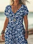 Women Floral Short Sleeve Summer Printing Dress V Neck Daily Casual Maxi X-Line Dress