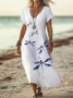 Women Dragonfly Short Sleeve Summer Printing Dress V Neck Daily Casual Maxi X-Line Dress