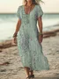 Women Striped Short Sleeve Summer Printing Dress V Neck Daily Casual Maxi X-Line Dress