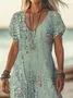 Women Striped Short Sleeve Summer Printing Dress V Neck Daily Casual Maxi X-Line Dress