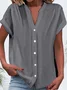 Women's Plain Short Sleeve Shirt Summer Buckle V Neck Daily Casual Top