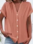 Women's Plain Short Sleeve Shirt Summer Buckle V Neck Daily Casual Top