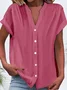 Women's Plain Short Sleeve Shirt Summer Buckle V Neck Daily Casual Top