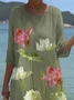 Women Floral Half Sleeve Summer Printing Dress Crew Neck Daily Casual Maxi H-Line Dress