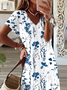 Women Floral Short Sleeve Summer Printing Dress V Neck Daily Casual Maxi T-Shirt Dress X-Line Dress