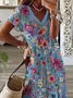 Women Floral Short Sleeve Summer Printing Dress V Neck Daily Casual Maxi T-Shirt Dress X-Line Dress
