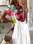 Women Floral Short Sleeve Summer Printing Dress V Neck Daily Casual Maxi T-Shirt Dress X-Line Dress