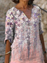 Women Floral Half Sleeve Summer Printing Dress V Neck Daily Casual Mini Shift Dress H-Line Dress