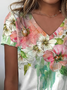 Women Floral Short Sleeve Tee T-shirt V Neck Printing Casual Summer Graphic Tee Top