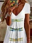 Women Dragonfly Short Sleeve Summer Printing Dress V Neck Daily Casual Midi Fit & Flare Dress A-Line Dress