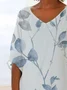 Women Floral Short Sleeve Shirt Summer Printing V Neck Daily Casual Top