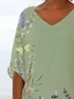 Women Floral Short Sleeve Shirt Summer Printing V Neck Daily Casual Top
