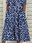 Women Floral Short Sleeve Summer Printing Dress Crew Neck Daily Casual Maxi Shift Dress H-Line Dress