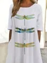 Women Dragonfly Short Sleeve Summer Printing Dress Crew Neck Daily Casual Maxi Shift Dress H-Line Dress