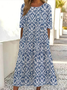 Women Floral Short Sleeve Summer Printing Dress Crew Neck Daily Casual Maxi Shift Dress H-Line Dress