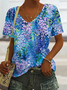Women Floral Short Sleeve Tee T-shirt V Neck Casual Summer Top