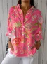 Women Floral Three Quarter Sleeve Shirt Spring/Fall Shirt Collar Holiday Casual Top