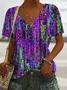 Women Geometric Short Sleeve Tee T-shirt V Neck Casual Summer Top