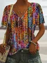 Women Geometric Short Sleeve Tee T-shirt V Neck Casual Summer Top