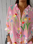 Women Floral Three Quarter Sleeve Shirt Spring/Fall Shirt Collar Holiday Casual Top