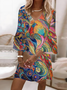 Women Phoenix Half Sleeve Summer Printing Dress V Neck Daily Casual Midi Classic H-Line Dress