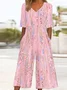 Women Gradient Pattern V Neck Half Sleeve Vintage Summer Jumpsuit