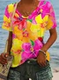 Women Floral Short Sleeve Tee T-shirt V Neck Casual Summer Top