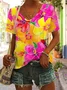 Women Floral Short Sleeve Tee T-shirt V Neck Casual Summer Top